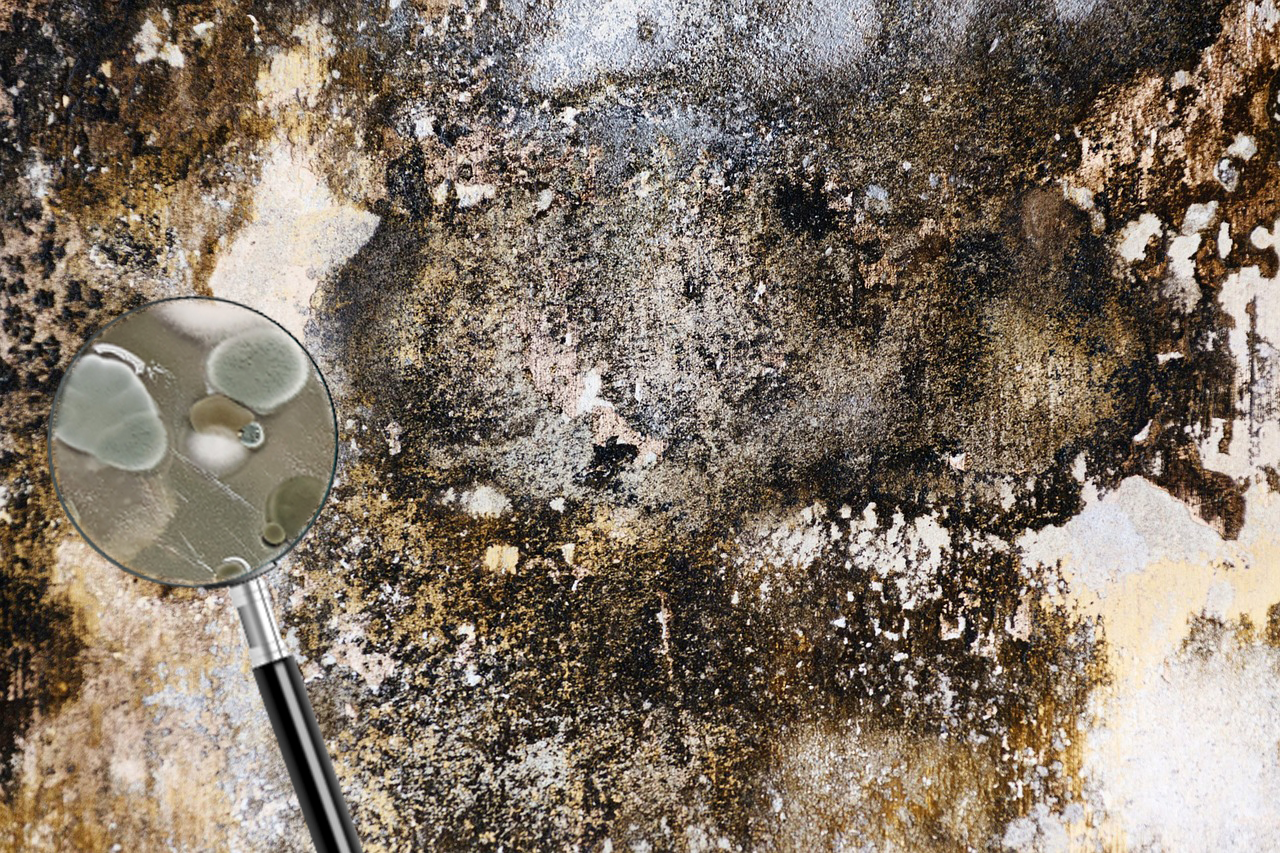Image of mold infestation on an interior home wall, showcasing the presence of black and green patches, indicative of potential water damage and moisture issues. It highlights the importance of addressing and mitigating such issues to maintain a healthy living environment.