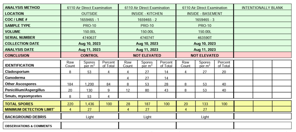 Image of a mold lab report for a home in Sarasota, Florida. The report details mold types, concentrations, and provides insights into indoor air quality, aiding in effective remediation strategies for a healthier living environment."